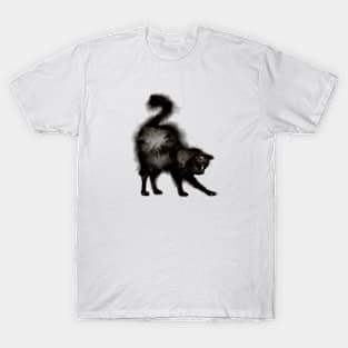 Stretching Black Fluffy Cat T-Shirt